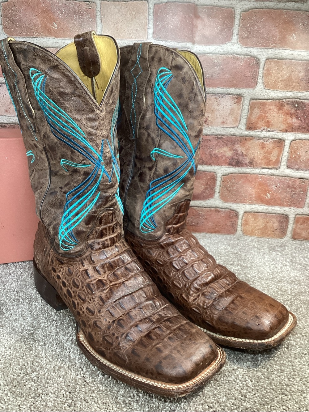 Brown Exotic Leather Cowboy Boots with Turquoise Stitching